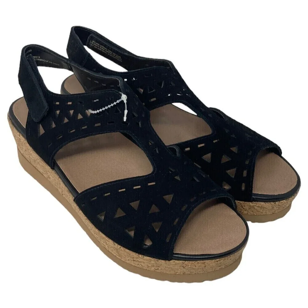 NEW Earth Buran Rosa Women's Size 10 Black Suede Leather Wedge Sandals  Shoes